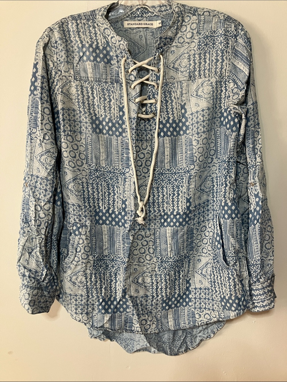 Standard Grace Blue Patchwork Floral Lace Up Boho Peasant Tunic Blouse Top Small